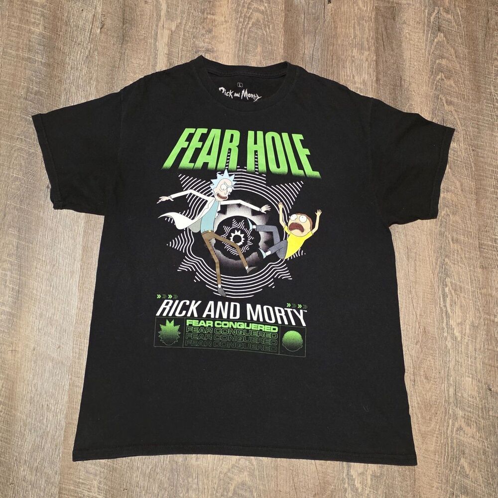 Rick & Morty Black Fear Hole Graphic Cartoon Short Sleeve Crew Neck T-Shirt